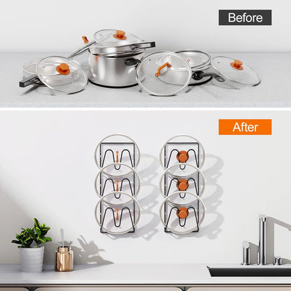 Durmmur 2 Pack Pot Lid Organizer, 6-Tier Lid Holder for Cabinet Door & Wall | Rustproof Metal Lid Organizer with No-Drill Adhesive Mounting for Pot and Pan Lids, Space-Saving Kitchen Storage, Black