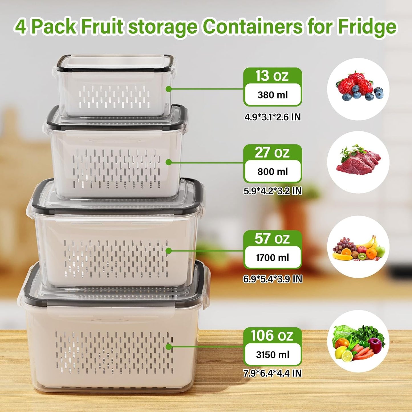 8-Pack Fruit Storage Containers for Fridge, Leakproof Fruit Containers for Fridge with Colanders, BPA-Free Produce Storage Containers with Lids Keep Fruits, Vegetables, Berry, Meat Fresh longer