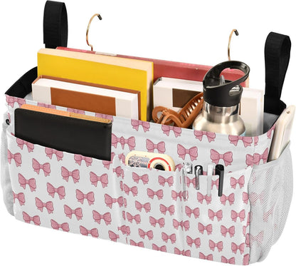 Bedside Caddy Hanging Storage Bag Pink Bows Bedside Organizer Caddy for Bunk, Dorm Room, Hospital Beds - Place Magazines / Remotes / Keys