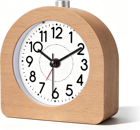Lafocuse Silent Bedside Alarm Clock, Wood Frame Analog Alarm Clock with Snooze, Nightlight Function, Desk Table Clocks for Bedroom Home Kitchen