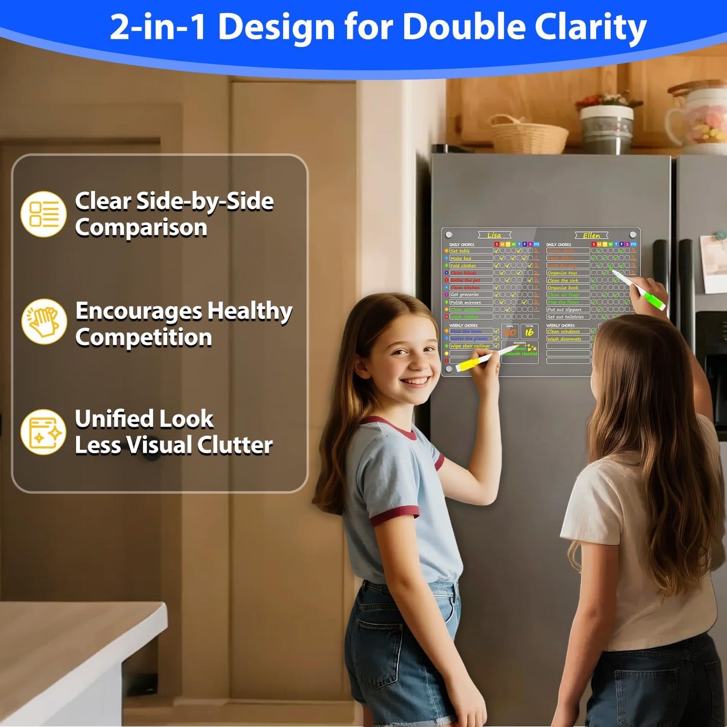 PigPotParty 2-in-1 Acrylic Magnetic Chore Chart for 2 Kids, Large 16x12 in | Clear Dry Erase Fridge Chore Board for Teens, Roommates; Vibrant Layout; Embedded Magnets; 12 Wet-Erase Markers and Towel