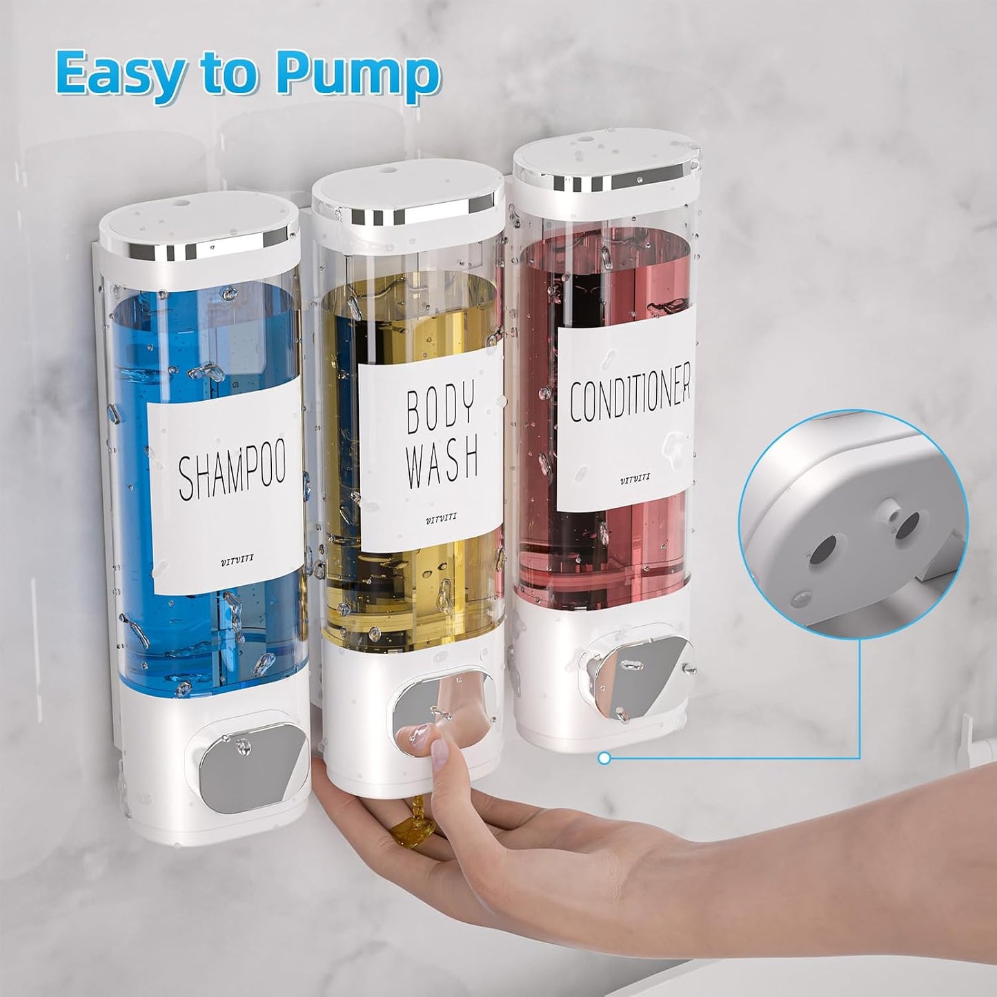 Shampoo and Conditioner Dispenser for Shower Wall Mount 3 Chamber, Black | Shower Soap Dispenser for Wall, 10.2 OZ Plastic Refillable Body Wash Bottles for Bathroom, No Drill Wall Mounted