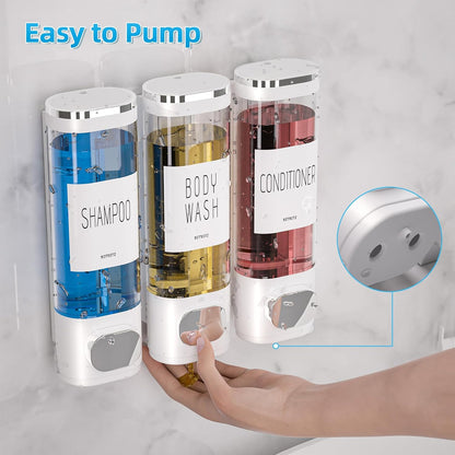 Shampoo and Conditioner Dispenser for Shower Wall Mount 3 Chamber, Black | Shower Soap Dispenser for Wall, 10.2 OZ Plastic Refillable Body Wash Bottles for Bathroom, No Drill Wall Mounted