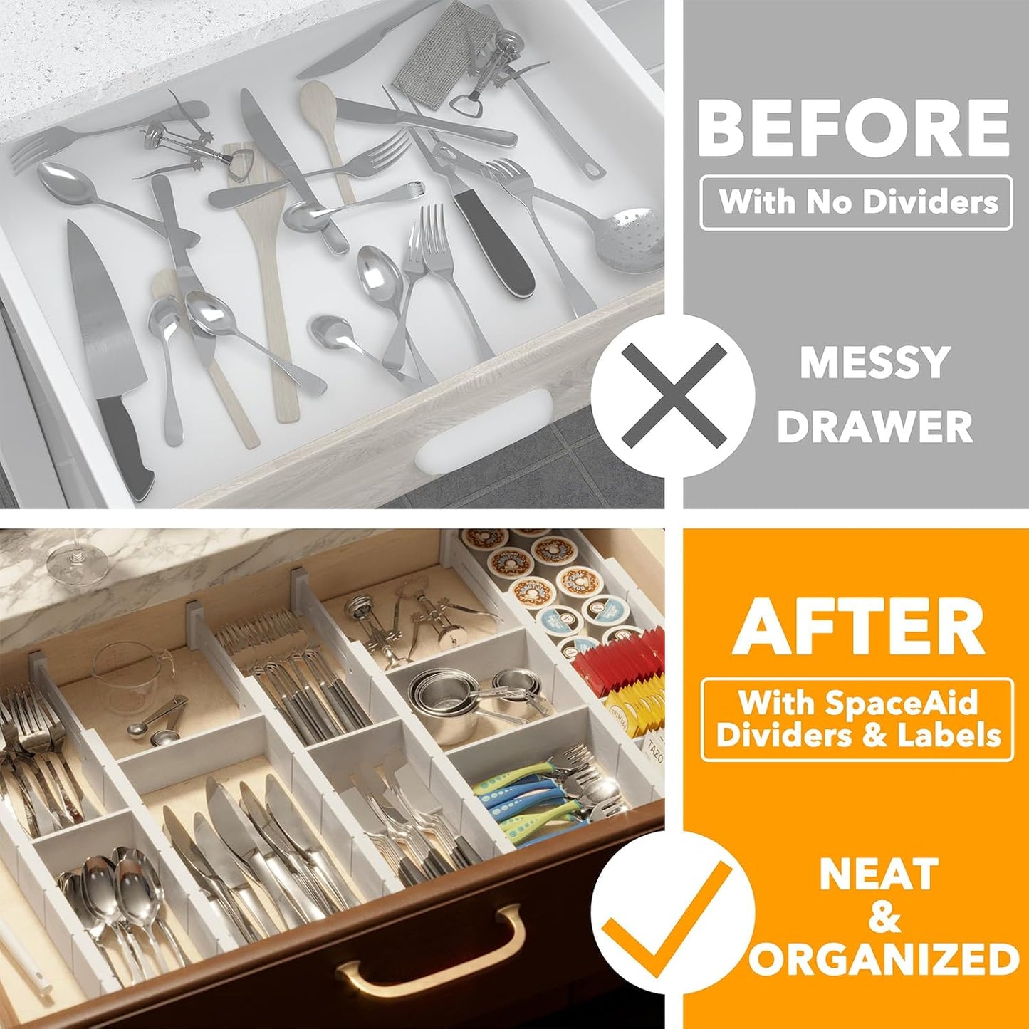 SpaceAid Bamboo Drawer Dividers with Inserts and Labels, Kitchen Adjustable Drawer Organizers, Expandable Organization for Home, Office, Dressers, 4 Dividers with 9 Inserts (17"-22" Natural)