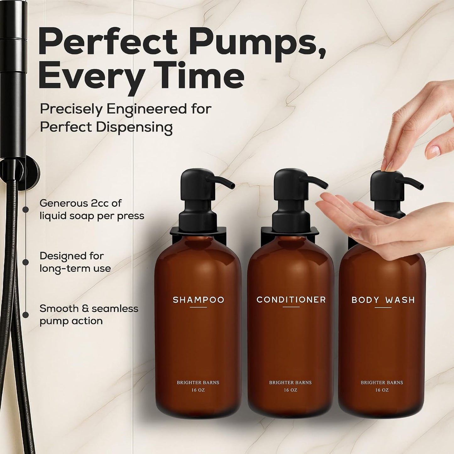 White Shampoo and Conditioner Dispenser Set Wall Mounted by Brighter Barns - Shower Dispenser 3 Chamber No Drill - Refillable Shampoo and Conditioner Bottles for Shower Wall in Airbnb, Hotel (White)