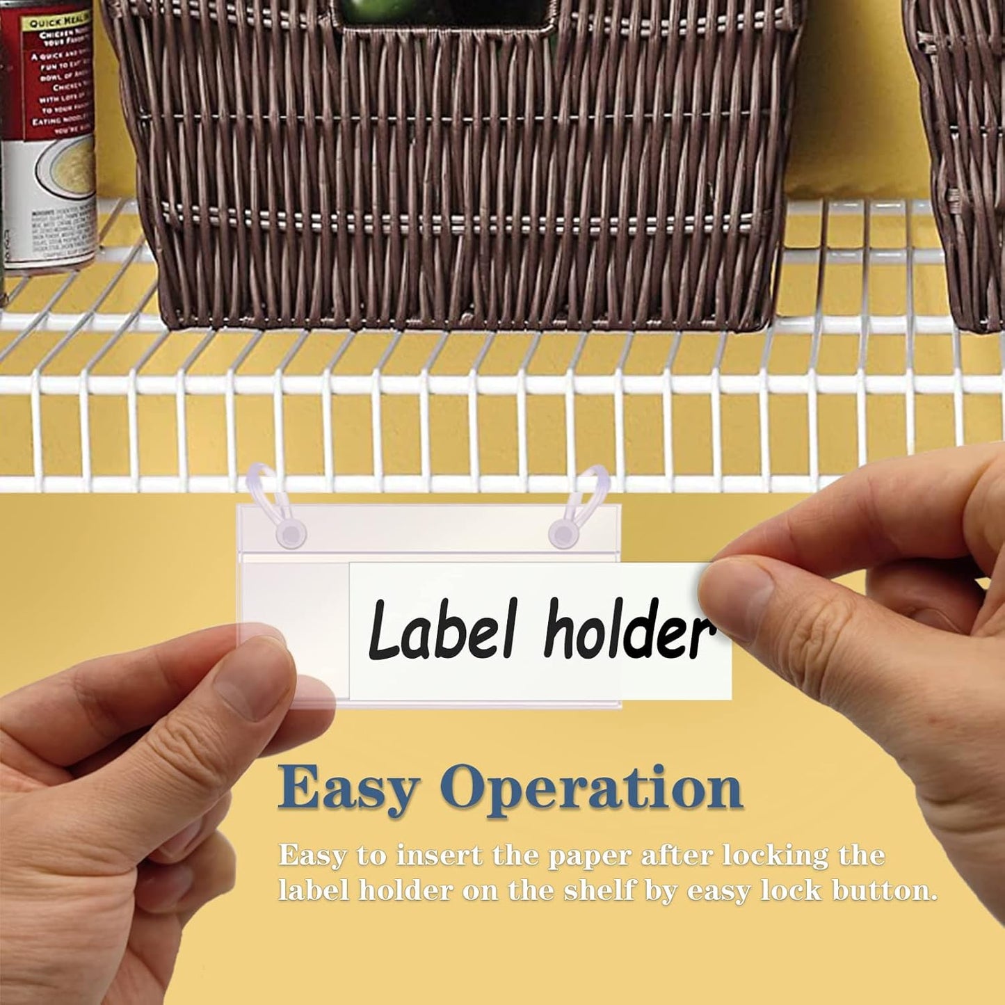 ELEMGULY Basket Label Holders, 40PCS Plastic Basket Label Clips with Easy Button Lock Design, Wire Shelf Label Holder Wire Rack Display Holder Price Sign for Home Market (40pcs Label Paper Included)