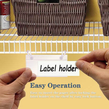 Basket Label Holders, ELEMGULY 30PCS Plastic Basket Label Clips with Easy Button Lock Design, Wire Shelf Label Holder Wire Rack Display Holder Price Sign for Home Market (60pcs Label Paper Included)