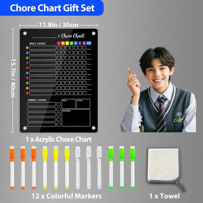 PigPotParty 2-in-1 Acrylic Magnetic Chore Chart for 2 Kids, Large 16x12 in | Clear Dry Erase Fridge Chore Board for Teens, Roommates; Vibrant Layout; Embedded Magnets; 12 Wet-Erase Markers and Towel