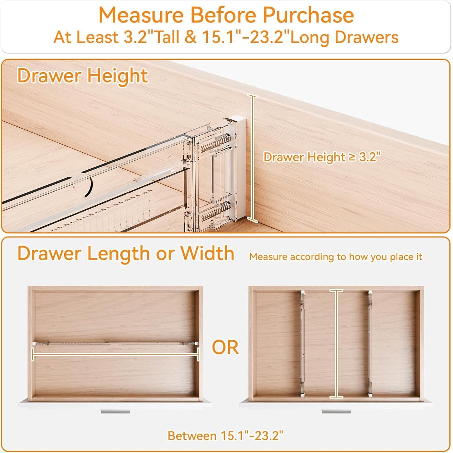 8 Pack 3.2 Inch Shallow Acrylic Drawer Dividers for Clothes -Expandable from 15-21''- Adjustable Drawer Dividers for Baby Clothing,Sock,Underwear,Clear in Drawer Separators for Dresser,Kitchen