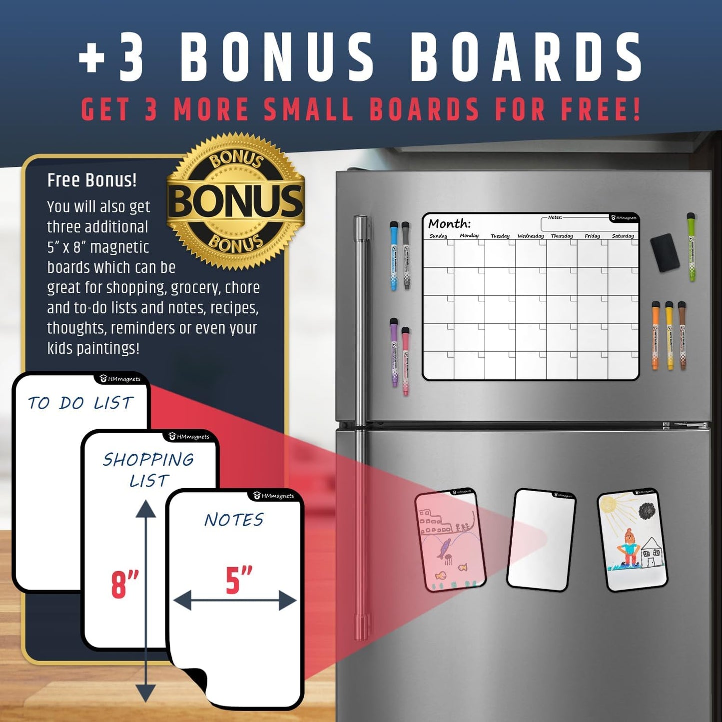 Large Dry-Erase Magnetic Monthly Calendar + Free Bonus: 3 Grocery/to-Do List Whiteboards (Organizer/Planner) for Kitchen Fridge - Full Set: 8 Markers + Eraser | Stain Free | Horizontal