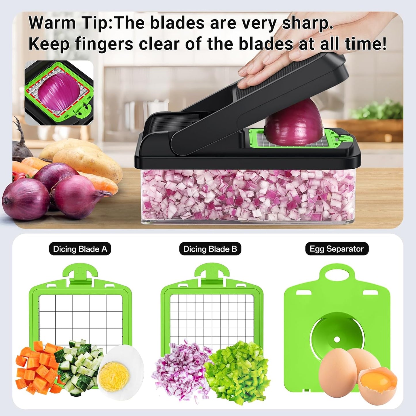 12-in-1 Vegetable Chopper with 7 Blades, Food Veggie Cutter, Green | Includes Egg Separator, Food Container and Finger Guard, Non-slip Base, for Chopping, Slicing, Shredding, and Mincing