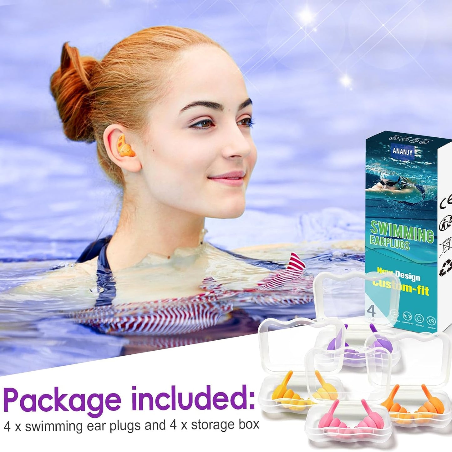 Waterproof Swimming Ear Plugs for Adults Kids, 3 Pairs Reusable Silicone | Reusable swim earplugs for pools, surfing, diving, showering and water sports, Keep Water Out and Ear Protection