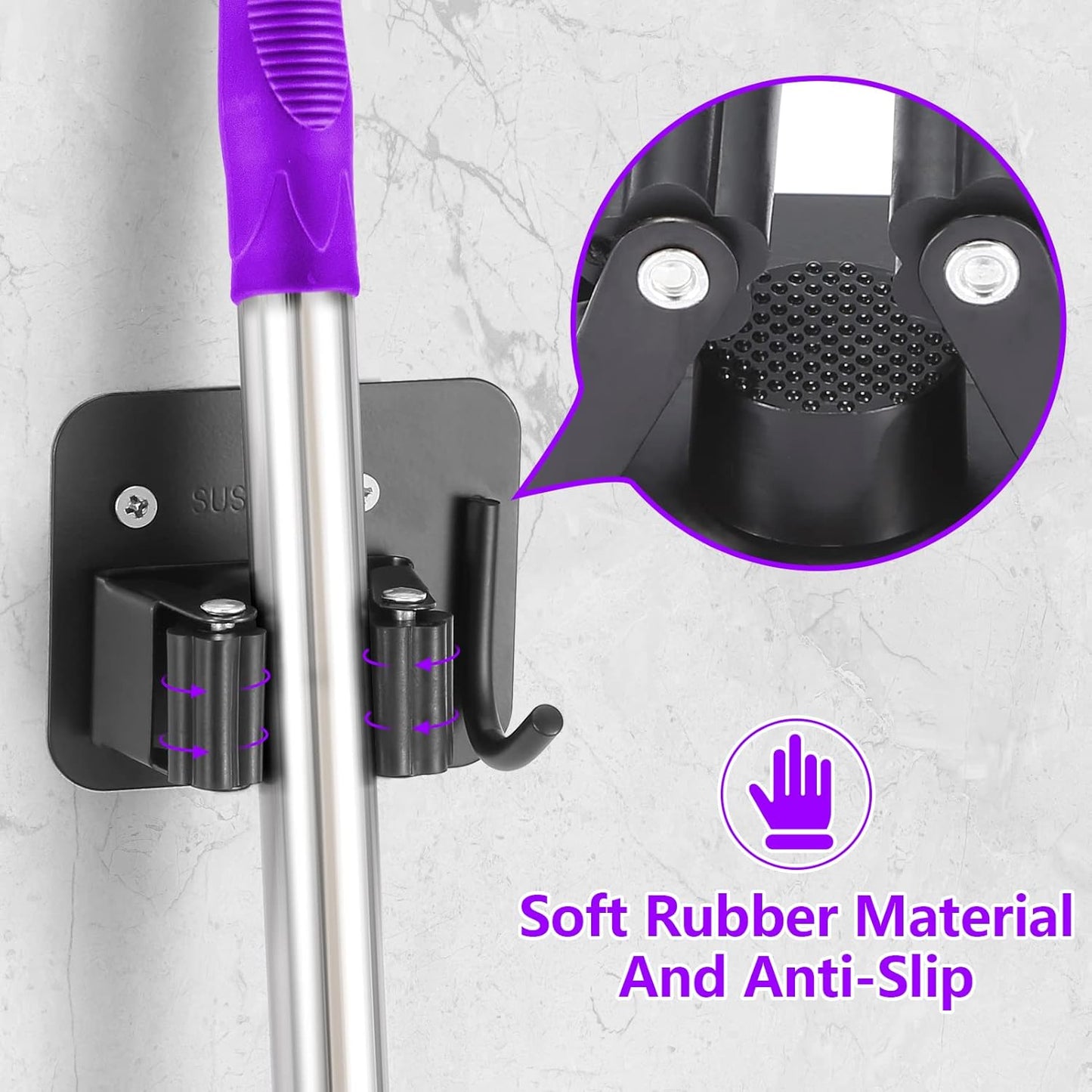 Stainless Steel Broom Holder, Heavy Duty, Rust Resistant, 4 Gripper Positions with 4 Hooks, Black | Drill-Mounted Gripper Rack Holds Brooms, Mops and Garden Tools Safely in the Laundry Room, Kitchen, Garage, Garden and Shed