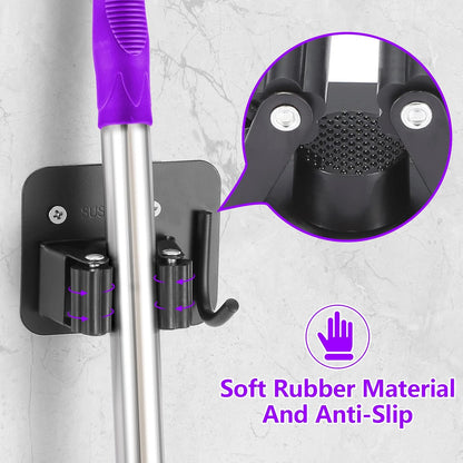 Stainless Steel Broom Holder, Heavy Duty, Rust Resistant, 4 Gripper Positions with 4 Hooks, Black | Drill-Mounted Gripper Rack Holds Brooms, Mops and Garden Tools Safely in the Laundry Room, Kitchen, Garage, Garden and Shed