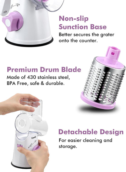 Geedel Rotary Cheese Grater, Kitchen Mandoline Vegetable Slicer with 3 Interchangeable Blades, Easy to Clean Rotary Grater Slicer for Fruit, Vegetables, Nuts | 3 Blades, 430 Stainless Steel, 12x Fast Cutting, Strong Suction Base, No BPA, Dishwasher Safe,