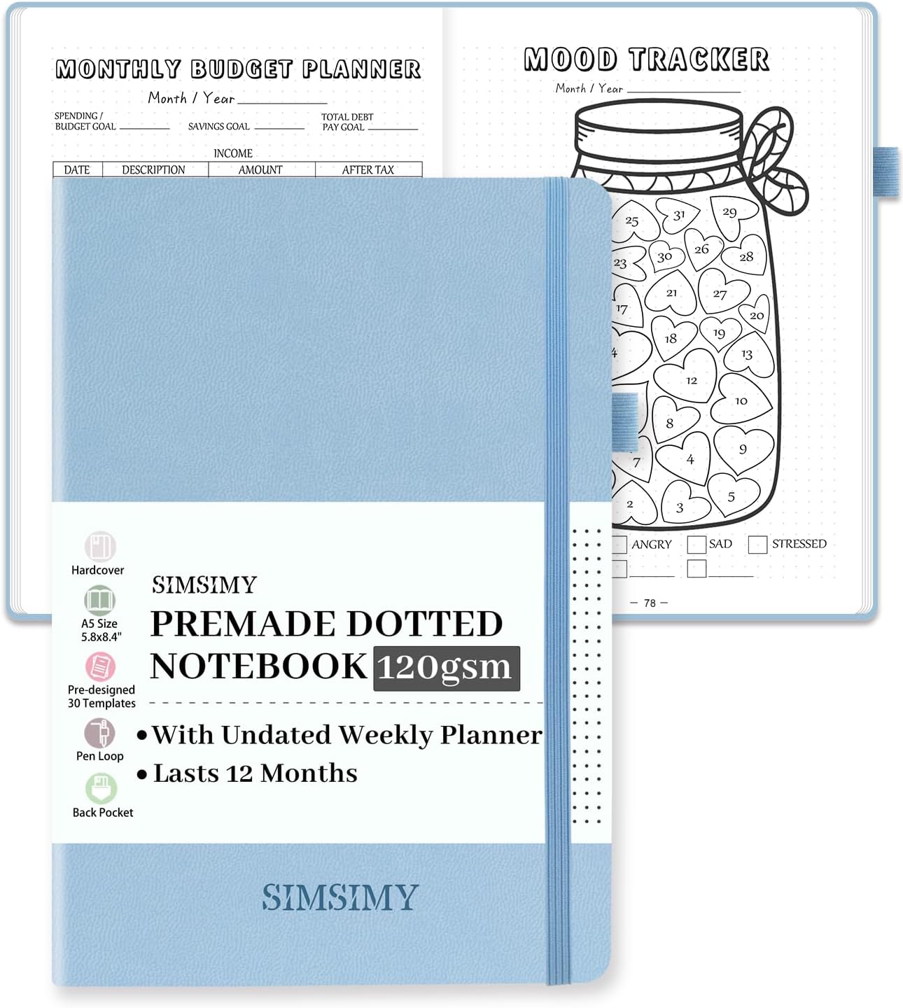 Premade Dotted Journal Notebook with Bullet Templates, Pre-made Dot Grid Journaling with Undated Weekly & Monthly Planner, Various Trackers - 12 Month Organization, A5 Hardcover