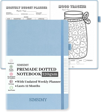 Premade Dotted Journal Notebook with Bullet Templates, Pre-made Dot Grid Journaling with Undated Weekly & Monthly Planner, Various Trackers - 12 Month Organization, A5 Hardcover