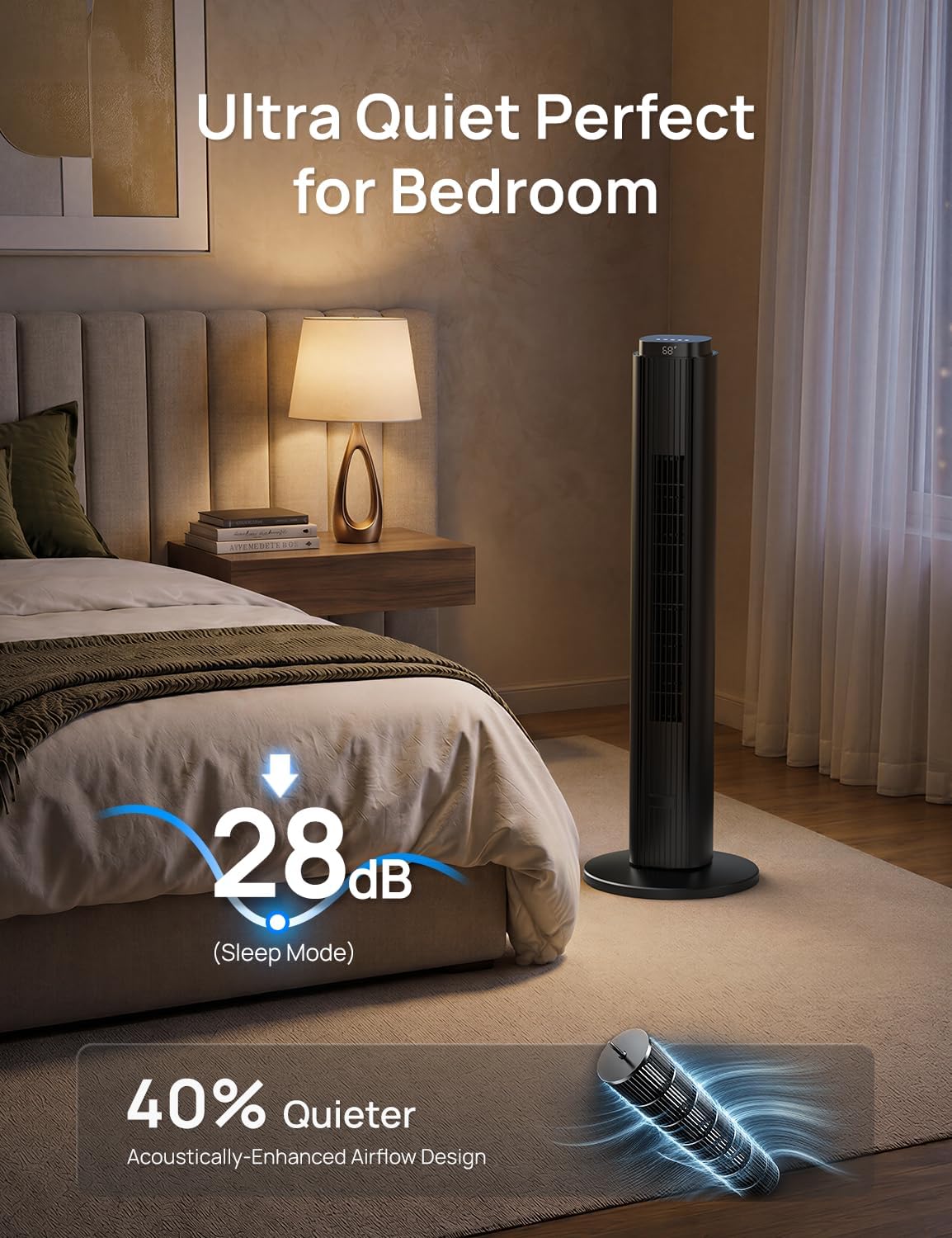 ZAFRO Tower Fan for Bedroom, 37'' Bladeless Fans with 4 Modes 6 Speeds, 26 ft/s Velocity, 28dB Quiet for Sleep, LED Touchpad & 12H Timer, 90° Oscillating Floor Fans that Blow Air, Black