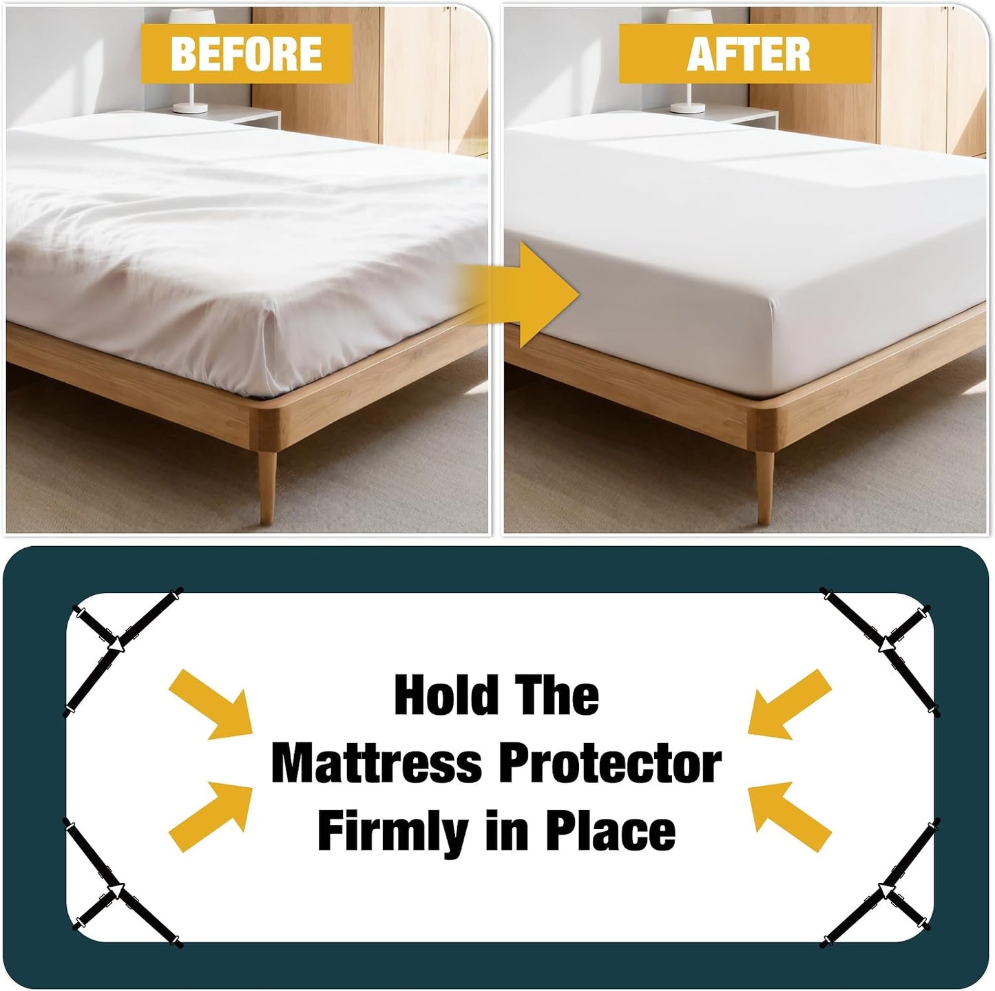 4 Pack Adjustable Elastic Straps with Metal Clips, Bed Sheet Fasteners, Bedding Suspenders for Mattress Covers, Bed Corner Holders and Keepers (White)