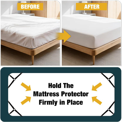 4 Pack Adjustable Elastic Straps with Metal Clips, Bed Sheet Fasteners, Bedding Suspenders for Mattress Covers, Bed Corner Holders and Keepers (White)