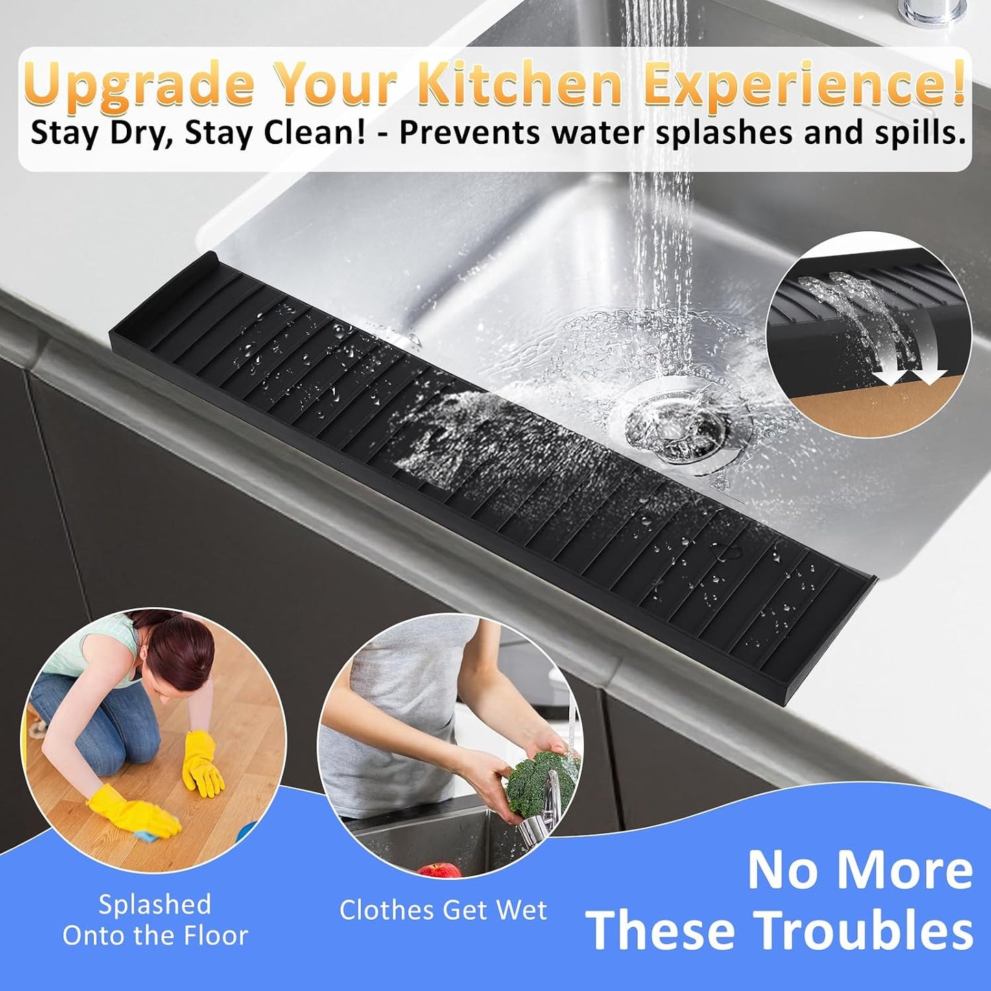 Sink Edge Protector with Suction Cup 14" 20" 24" 30", Silicone Sink Splash Guard for Kitchen & Bathroom, Protect Countertop from Scratches, Stains, for Stainless Steel Granite Quartz-Grey