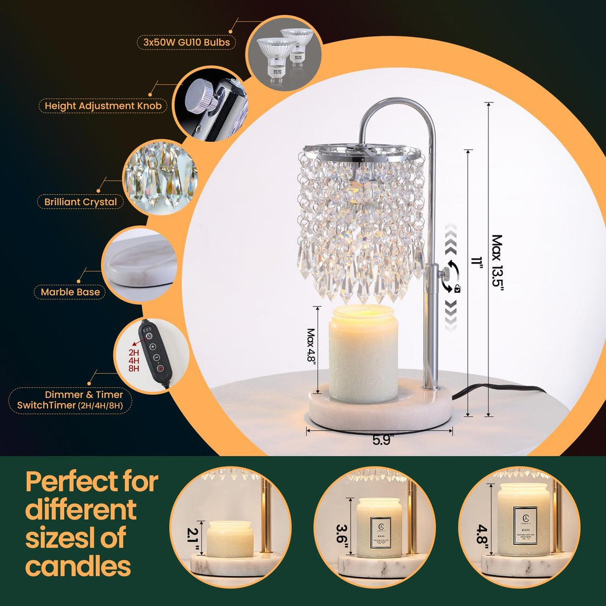 Candle Warmer Lamp with Timer Dimmer，2H/4H/8H Timer , Lamp Candle Warmer with Marble Base for Adjustable Height, Crystal Wax Melt Warmer for Jar Candles, House Warming Decor Gifts Mothers Day Gifts