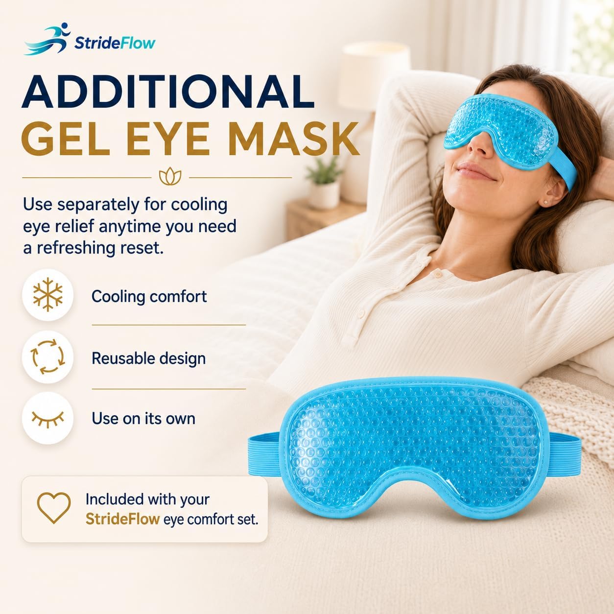 STRIDEFLOW Eye Massager with Heat, Migraine Mask & Headache Relief, FSA Eligible/HSA Eligible, Dry Eye Relief, GENTLE Warmth & LIGHT Compression, Cooling Gel Eye Mask, Foldable Rechargeable