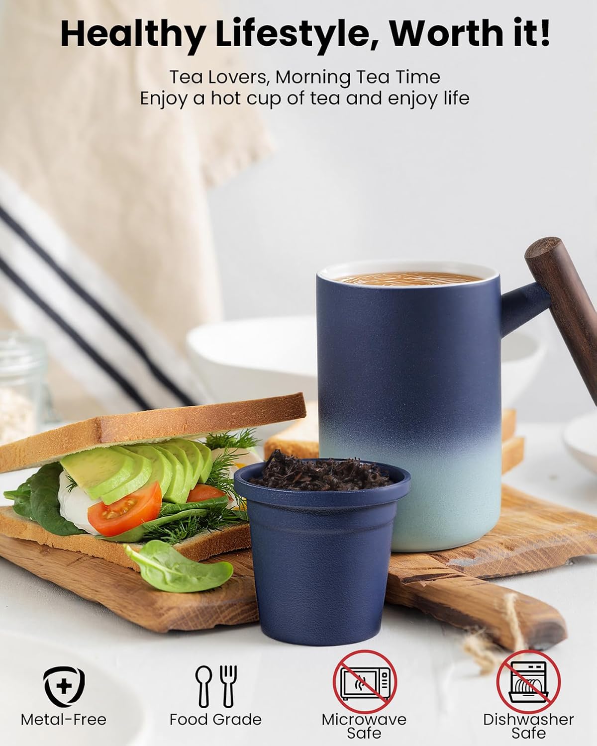 Tea Cup with Infuser and Lid,15 oz Ceramic Loose Leaf Tea Mug,Blue | All Ceramic Infuser &Wooden Handle,Hand Wash Only,Metal-Free,Lead-Free,BPA-Free,Warm Gift for Tea Lovers