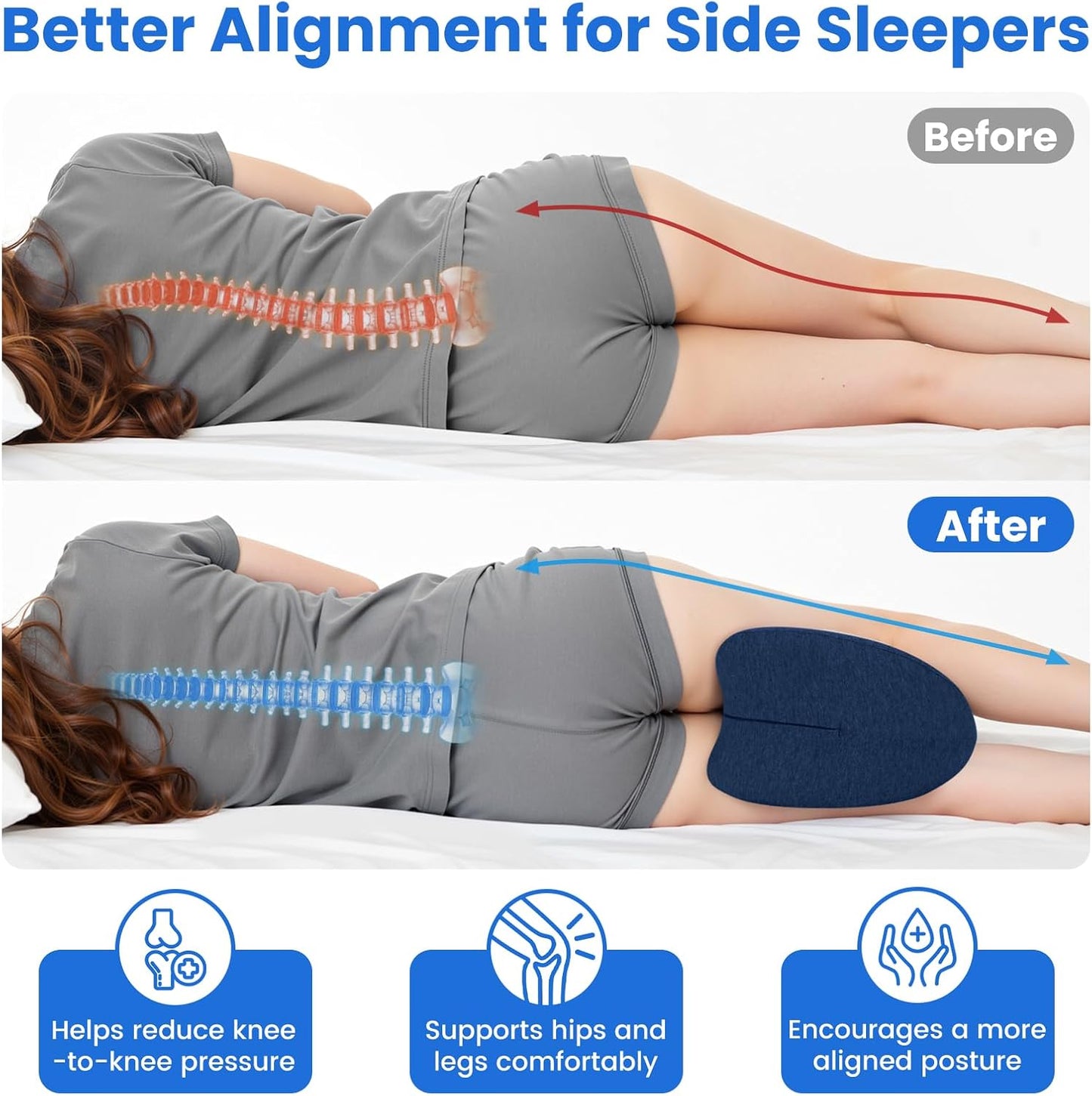 Knee Pillow for Side Sleepers - Cooling Gel Memory Foam Leg Pillow for Side Sleeping, Heart-Shaped Between Legs Cushion for Pressure Relief on Sciatica, Lower Back, Hips & Joints, Grey