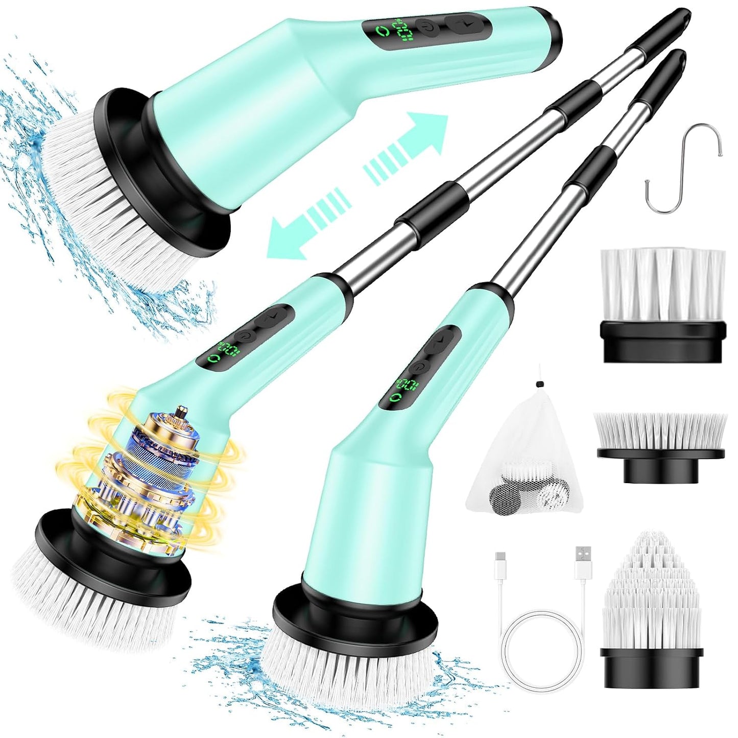 Electric Spin Scrubber for Bathroom, Shower Scrubber with Long Handle | Shower Cleaner Brushes, IPX7 Waterproof & 2 Speed, 3 Brush Heads, 90min Runtime, Bathroom Cleaning Supplies for Toilet Tub
