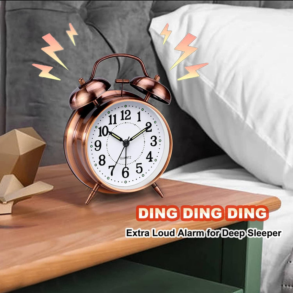 Azyh Loud Alarm Clock for Heavy Sleepers Adults, Metal 4 Inches Twin Bell Battery Operated Alarm Clocks for Bedrooms Decoration, Silent Non-Ticking, Back-to-School Gift (Red Brown)