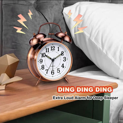 Azyh Loud Alarm Clock for Heavy Sleepers Adults, Metal 4 Inches Twin Bell Battery Operated Alarm Clocks for Bedrooms Decoration, Silent Non-Ticking, Back-to-School Gift (Red Brown)