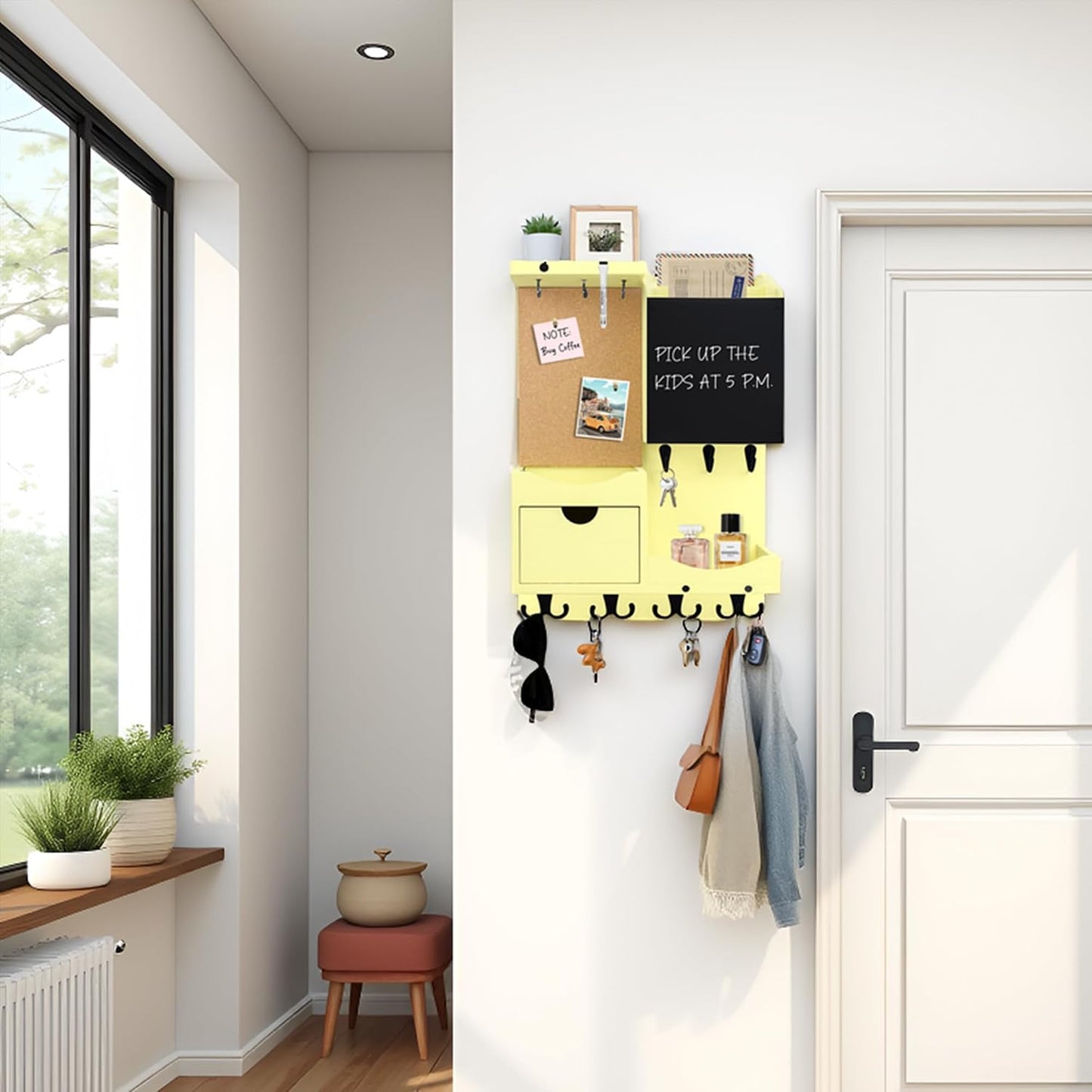 Key Holder for Wall Mount with Shelf and Mail Organizer, Key and Mail Holder with 16 Hooks, Farmhouse Entryway Organizer, Home Decor Rack (Pine Wood, White Washed)