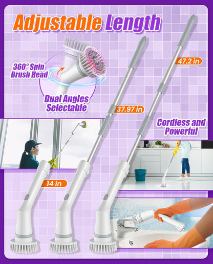 Cordless Electric Spin Scrubber, 8-in-1 Bathroom Cleaner | Bathroom scrubber, LED display, dual speeds, IPX7 waterproof, interchangeable heads for grout, tub, shower, wet-dry vacuum