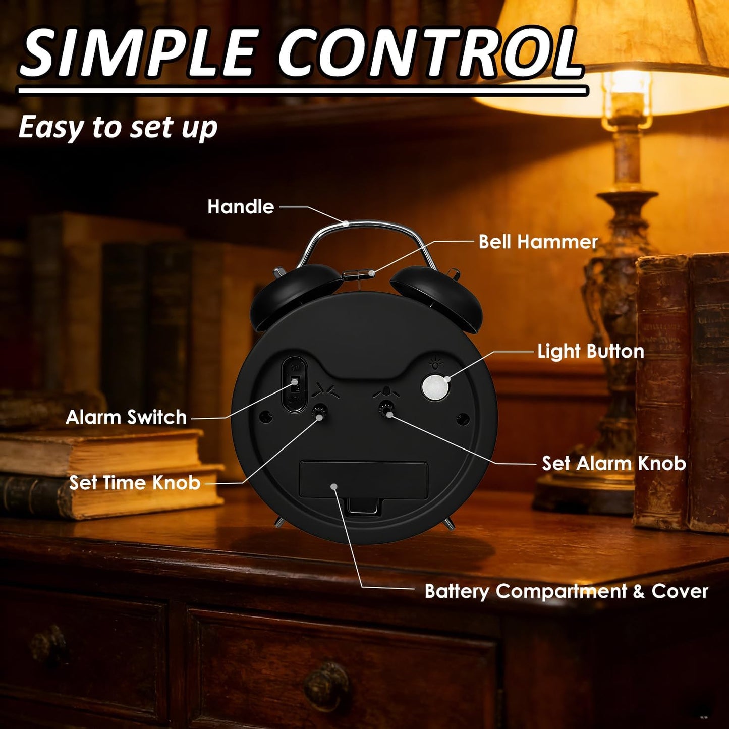4.5" Metal Loud Alarm Clock for Heavy Sleepers Adults, Analog Battery Operated Alarm Clock with Bells Glow in Dark Numbers, Silent Old School Bedside Desk Clock for Bedroom Office Kids, Black