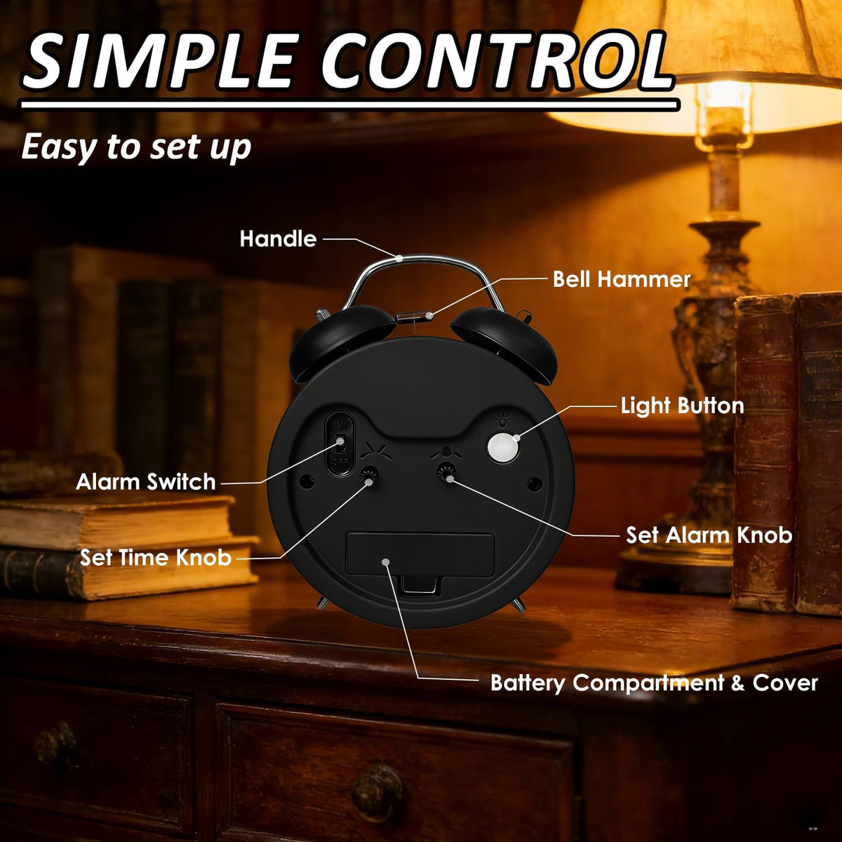 4.5" Metal Loud Alarm Clock for Heavy Sleepers Adults, Analog Battery Operated Alarm Clock with Bells Glow in Dark Numbers, Silent Old School Bedside Desk Clock for Bedroom Office Kids, Black