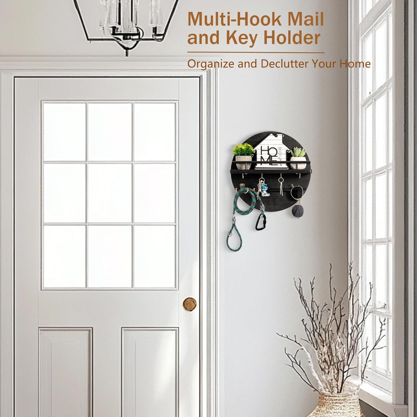 Key Holder for Wall Decorative with Shelf and Hooks, Mail Organizer Wall Mount with Sunglasses Holder, Circular Design Entryway Key Rack Hanger, Rustic Home Decor Boho Wall Decor (White)