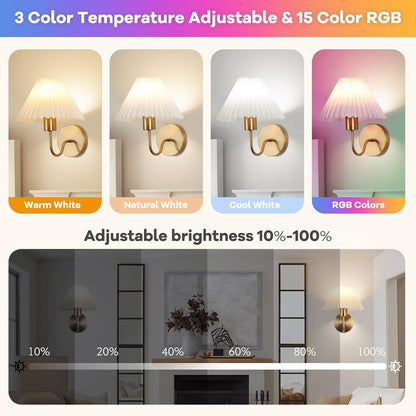 Rechargeable Battery Operated Wall Sconce Sets of 2, 15 Colors Wireless gooseneck Black Wall Lights Fixture with Dimmable Bulbs and Remote, Not Hardwired Wall Mounted Lamps for Bedroom Living Room