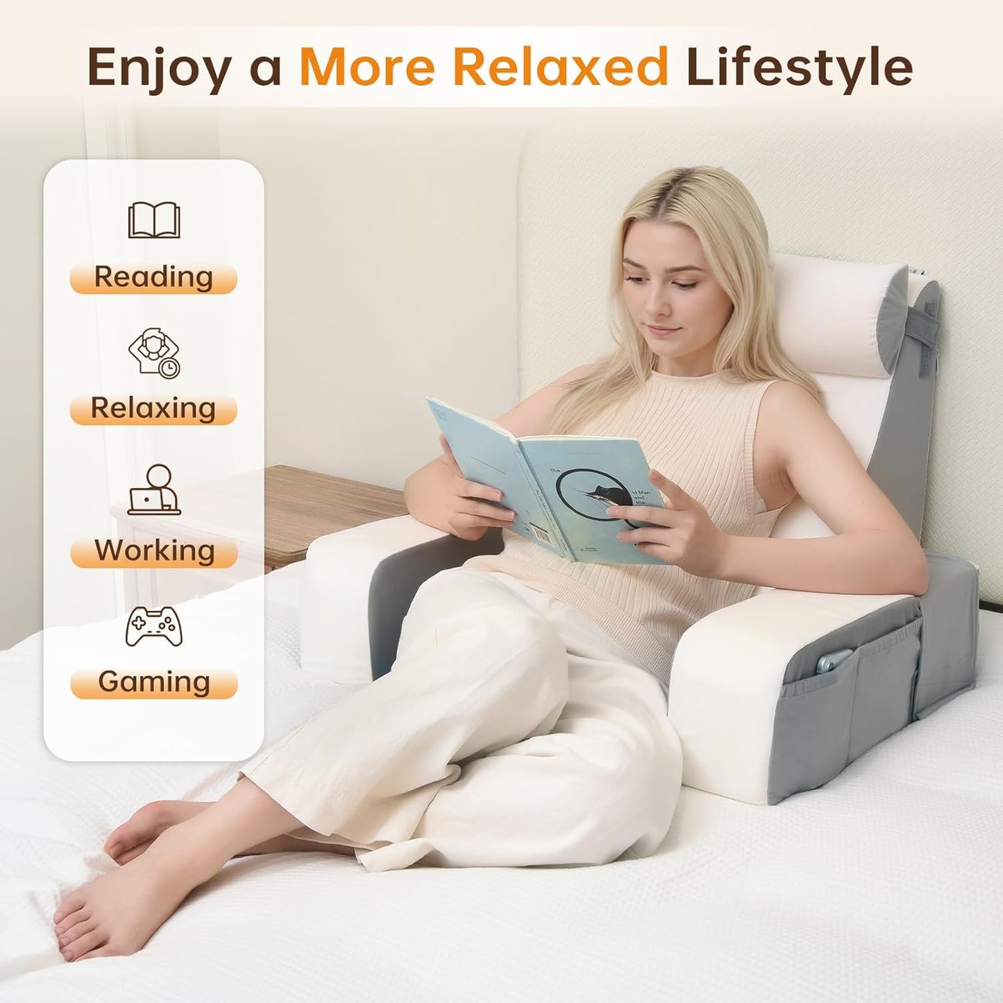 Vekkia 21" Reading Pillow for Bed with Adjustable Arms and XL Side Pockets | 60° Wedge Back Support, Washable Cover, Support Chair for TV, Gaming, Working, Nursing, Recovery in Bed & Floor, Black/Gray