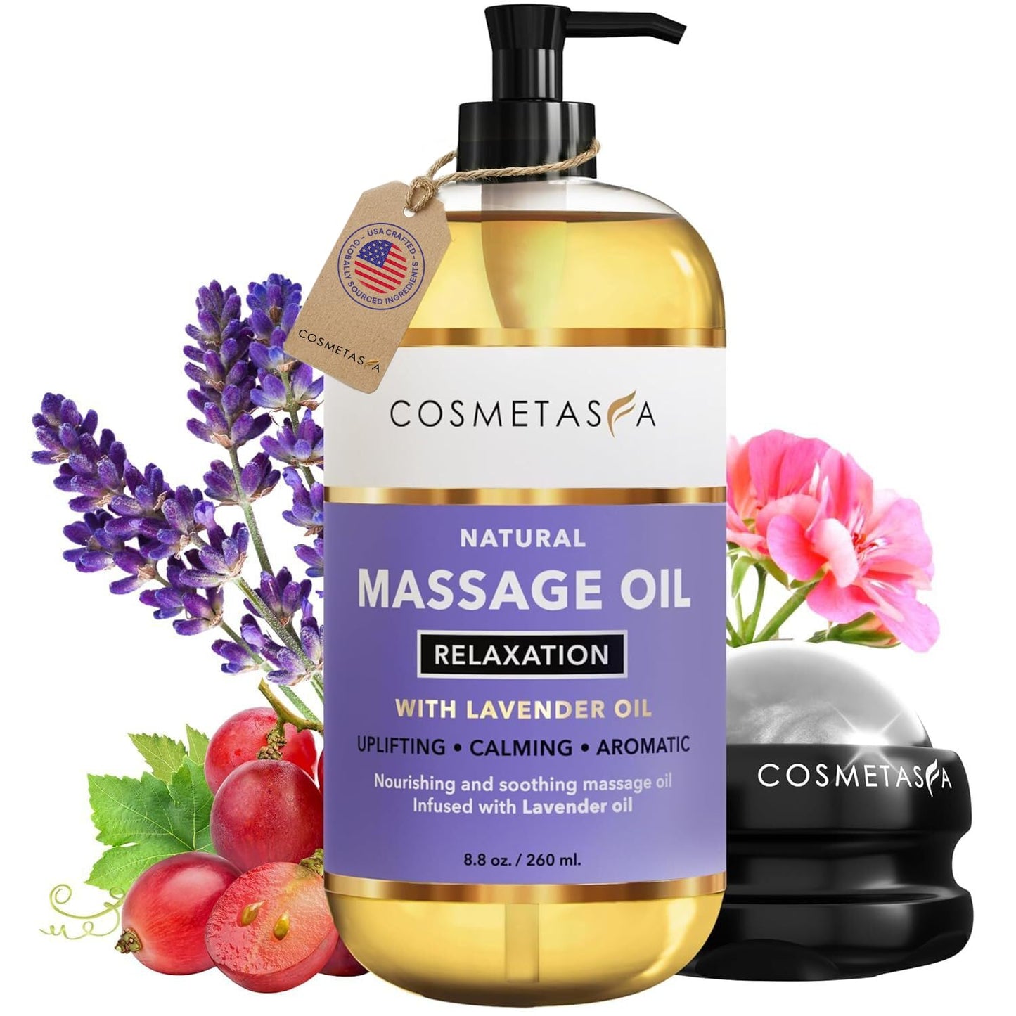 Cosmetasa Massage Oil for Sore Muscle Massage Therapy with Roller - All Natural, Cruelty-Free Massage Oils for Muscle Relaxing & Joint Comfort - Arnica Extract with Lavender & Chamomile Oil (8.8 oz)