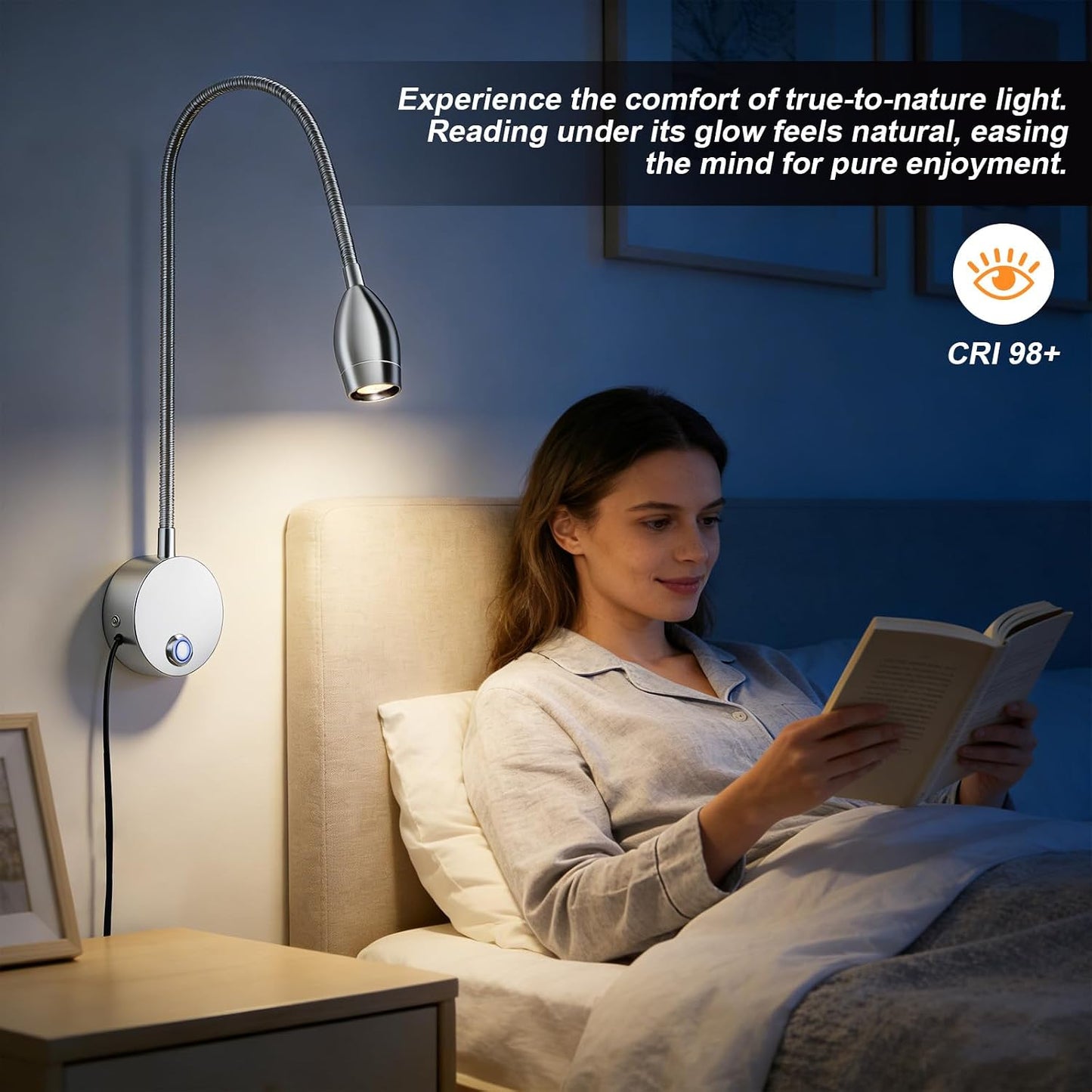 Wall Mounted LED Reading Light with 15" Flexible Gooseneck, Dimmable Book Light for Reading In Bed with USB Charging Port, Plug In Headboard Night Lights, 3 Colors Temperature, Touch Control-2 Pack