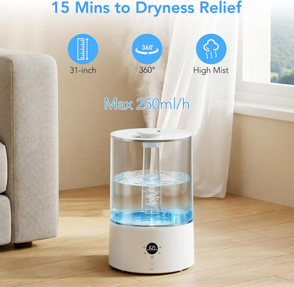 Electactic 4L Top Fill Humidifier for Bedroom, Auto Constant Humidity, Smart Control, Quiet Ultrasonic Cool Mist, 360° Nozzle, 3 Mist Levels, 7-Color Light for Home Office Baby Room