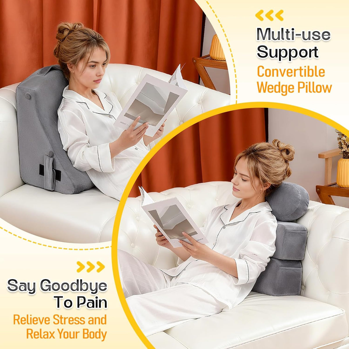 MOON PINE Reading Pillow for Adults, Memory Foam Backrest with Detachable Arms - Bed Pillow for Sitting Up, Built-in Cup Holder & Phone Pocket (Gray, 19 inch)