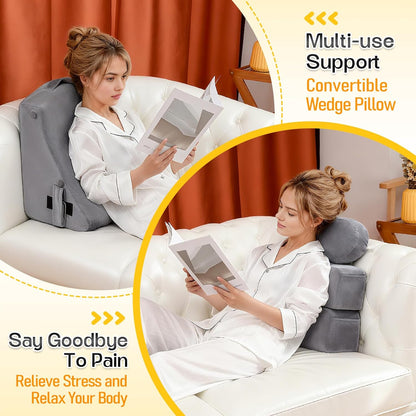 MOON PINE Reading Pillow for Adults, Memory Foam Backrest with Detachable Arms - Bed Pillow for Sitting Up, Built-in Cup Holder & Phone Pocket (Gray, 19 inch)