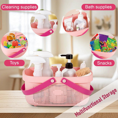 JiatuA Plastic Storage Basket with Handle Portable Shower Caddy Tote Organizer Basket Bin for Bathroom Kitchen Dorm Room Bedroom, Green | Sturdy Drainage Large Capacity Organizer Basket with Silicone Handles for Bathroom Kitchen Bedroom College Dorm