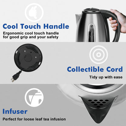 Stainless Steel Electric Kettle, 1.8 Liters Tea, Coffee Kettle & Hot Water Boiler, 360° Swivel Base, BPA Free, Auto Shut-Off, Boil-Dry Proof, 1100W