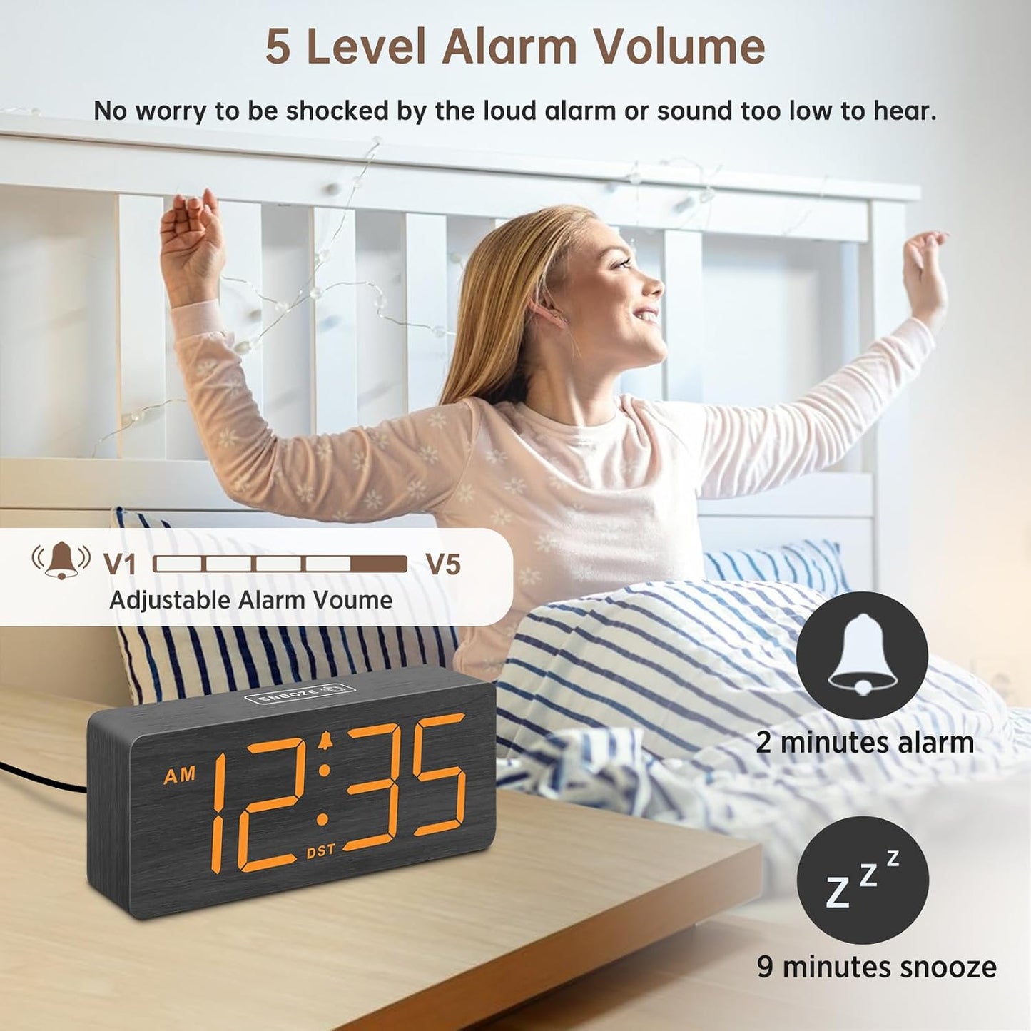 DreamSky Wooden Digital Alarm Clock for Bedroom with Large Numbers | Desk Clock for Living Room Office, Loud Alarm for Heavy Sleepers Adults, Volume Control, Dimmer, DST, Wood Decor (Plug-in)