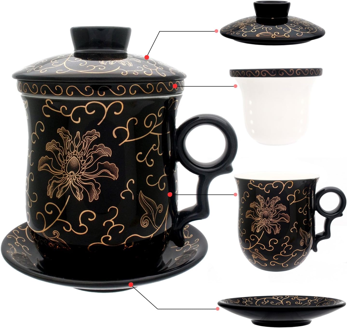 Porcelain Tea Cup with Infuser Lid and Saucer Sets - Chinese Jingdezhen Ceramics Coffee Mug Teacup Loose Leaf Tea Brewing System for Home Office