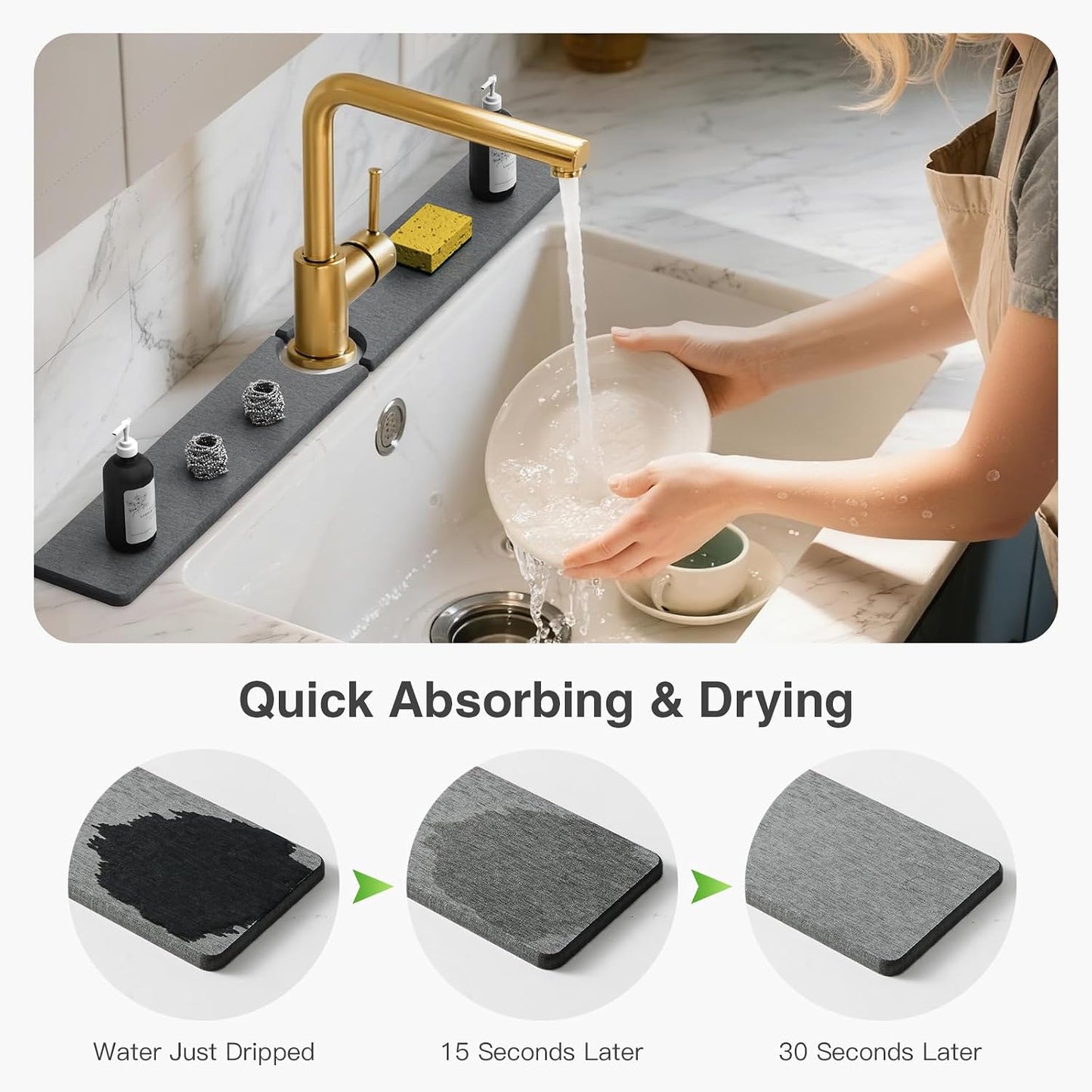 Premium Stone Faucet Mat for Kitchen Sink, 30" x 4" White | Quick Drying & Water Absorbent, Sink Splash Guard Tray for Prevents Moisture Buildup