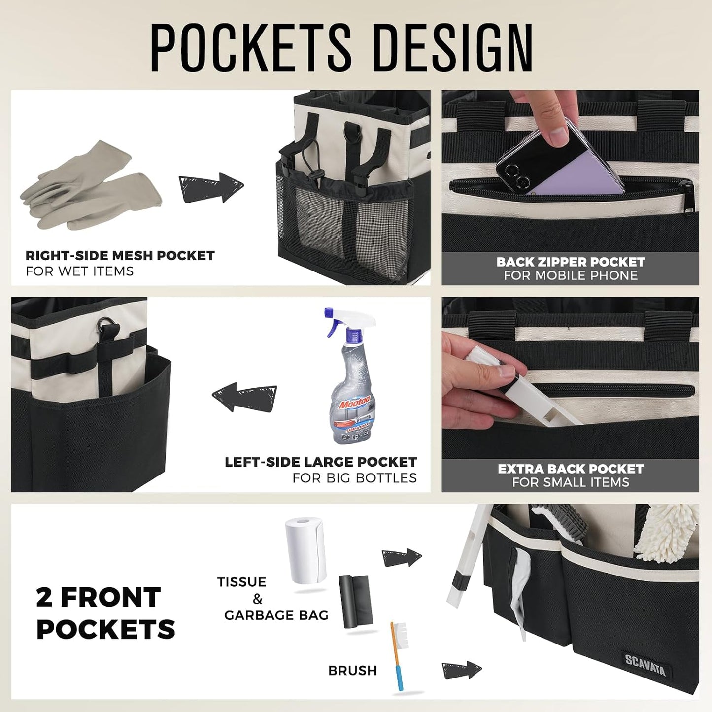 SCAVATA Compact Wearable Cleaning Caddy with Handle & Shoulder Straps | Small Cleaning Supplies Organizer, Under Sink & Car Cleaning Tools Storage Bag for Housekeepers Cleaners, Black
